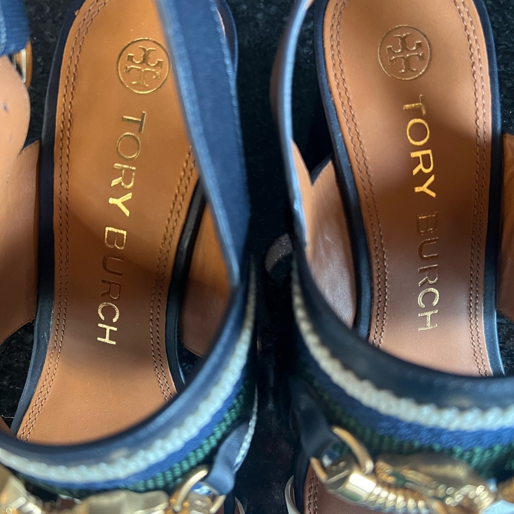 Tory Burch Blue and Green Sandals with Chunky Wedge Heel - Picture 14 of 15